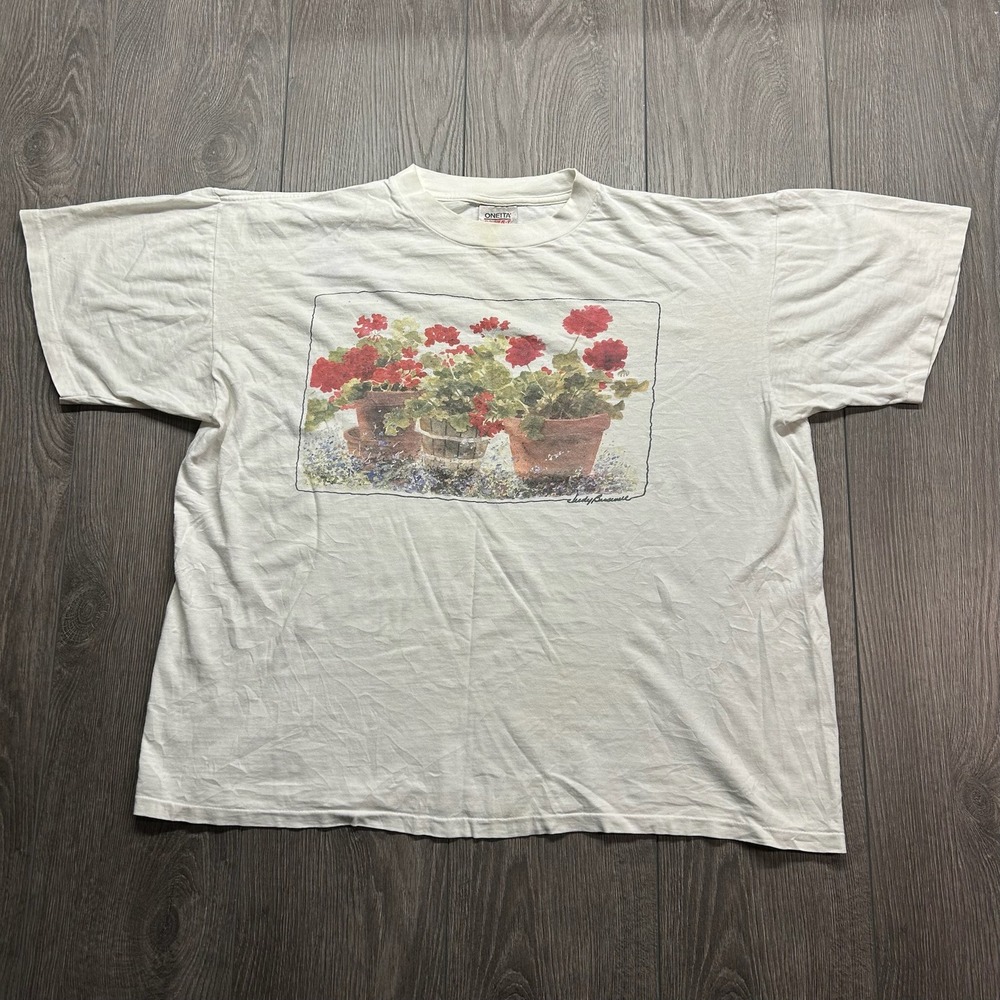 Vintage 90s Judy Buswell Flower Garden T-Shirt XL White Made in USA Oneita